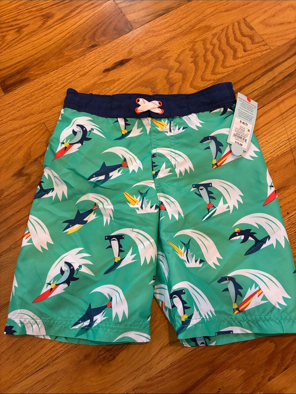 Cat & Jack Teal Shark Surf Print Swim Trunks with Navy Waistband